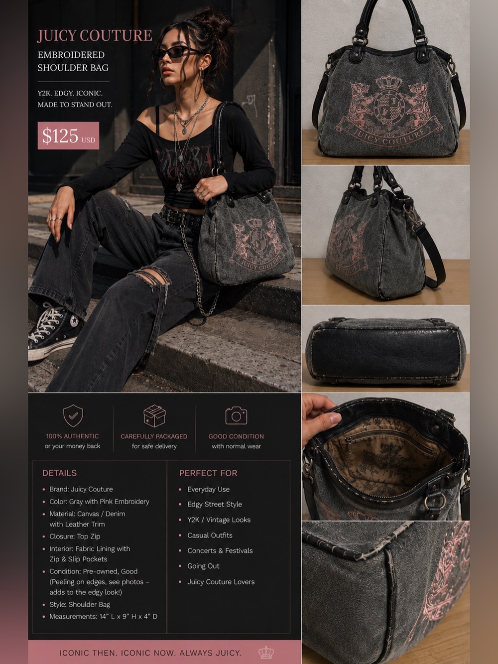Juicy Couture Gray Denim Shoulder Bag with Pink Crest Embroidery - Picture 1 of 14